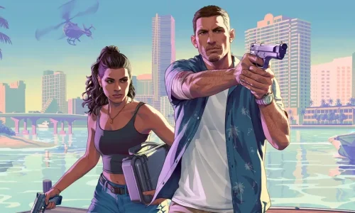 Arte oficial do segundo trailer de GTA 6 mostra os protagonistas Lucia e Jason armados, com Vice City ao fundo
